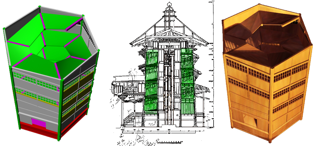 Exterior tower and double-helical interior walkway